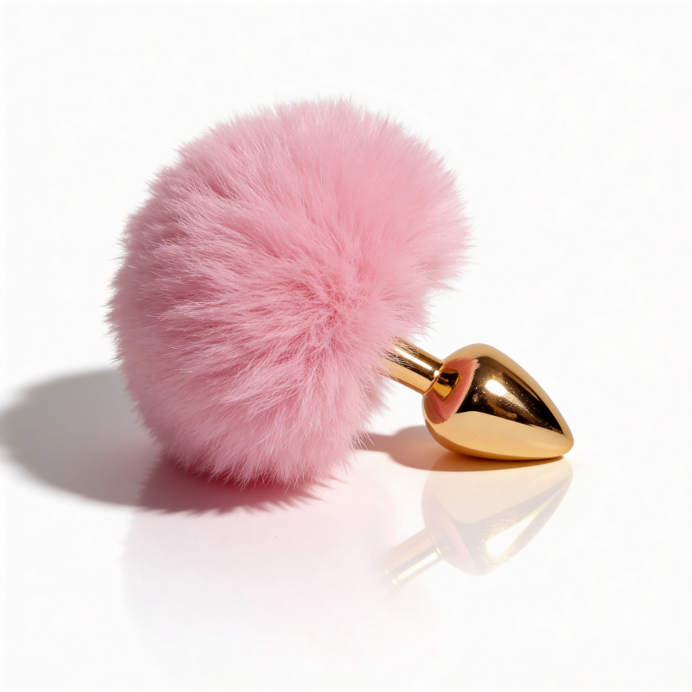 Анальные игрушки без вибрации - Анальная пробка ALUME, S, металлическая золотистая с розовым пушком, 7 х 2,8 см 4