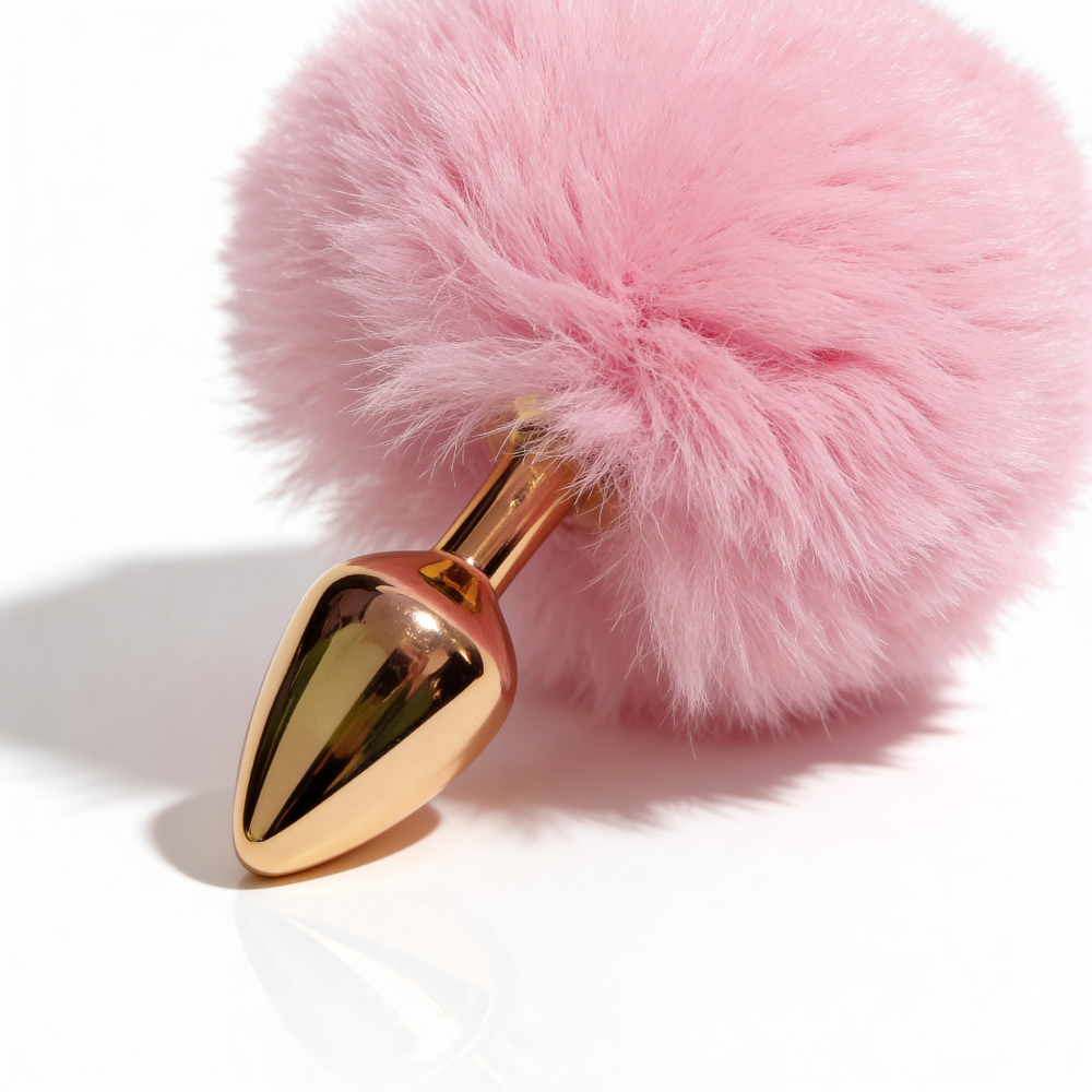 Анальные игрушки без вибрации - Анальная пробка ALUME, S, металлическая золотистая с розовым пушком, 7 х 2,8 см 5
