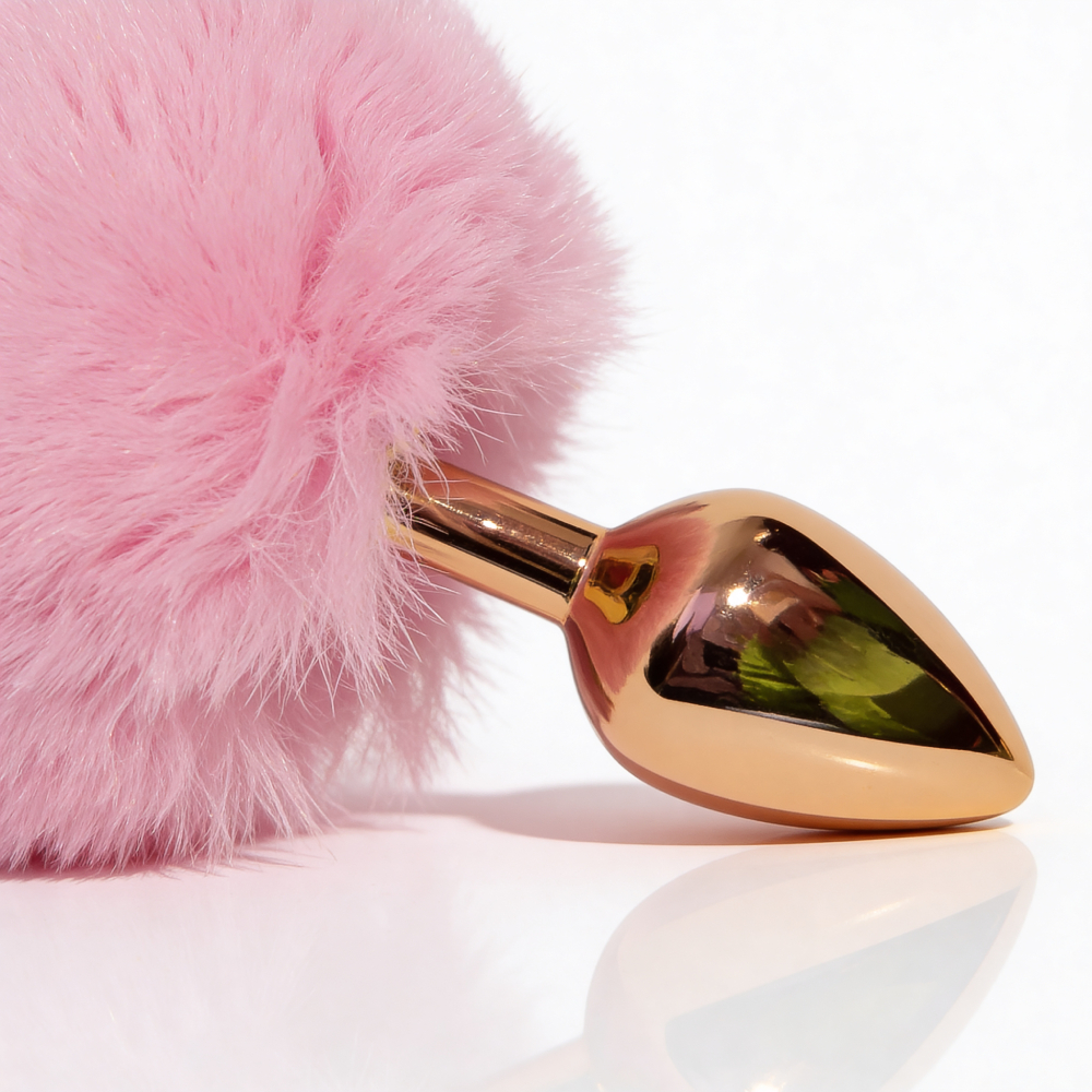 Анальные игрушки без вибрации - Анальная пробка ALUME, S, металлическая золотистая с розовым пушком, 7 х 2,8 см 7