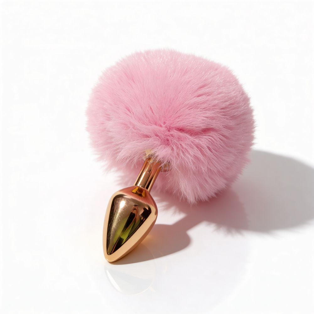 Анальные игрушки без вибрации - Анальная пробка ALUME, S, металлическая золотистая с розовым пушком, 7 х 2,8 см 2