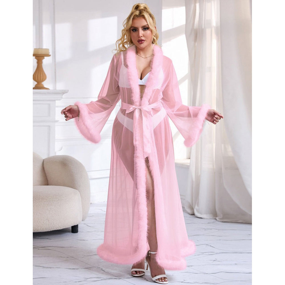 Різне - Халатик напівпрозорий Star Night з імітацією хутра та поясом, рожевий, M-L 2