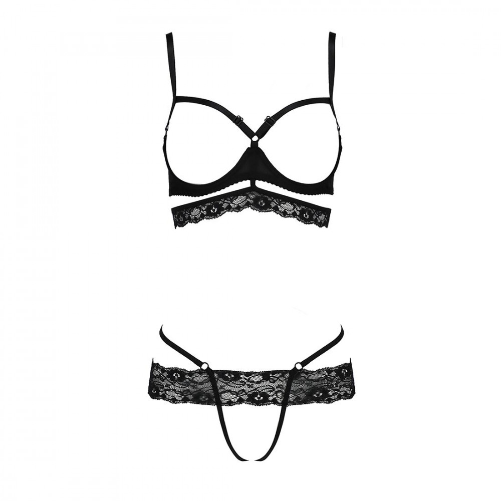 Эротические комплекты - Комплект белья из стреп Passion SARIA SET L/XL Black, открытый доступ, открытая чашка, кружево 2