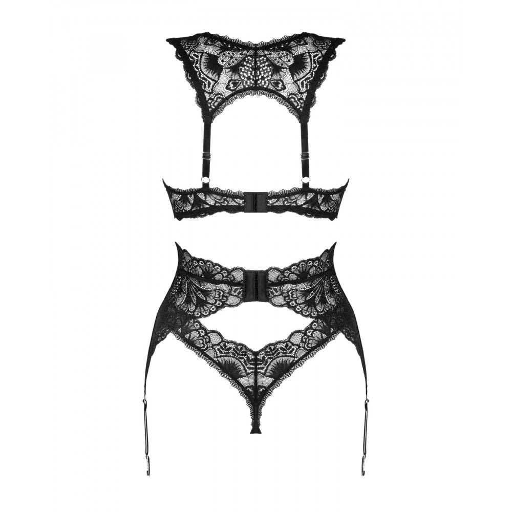 Эротические комплекты - Комплект белья Obsessive Donna Dream 3-pcs set XS/S Black, бюстгальтер, стринги, пояс для чулок 4