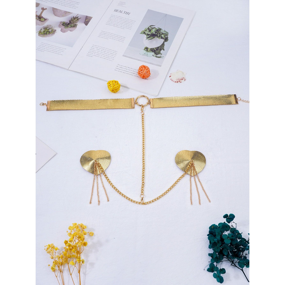  - Пестис-сердечка з пензликами та чокером JSY Nipple Sticker RT236114 Golden 1