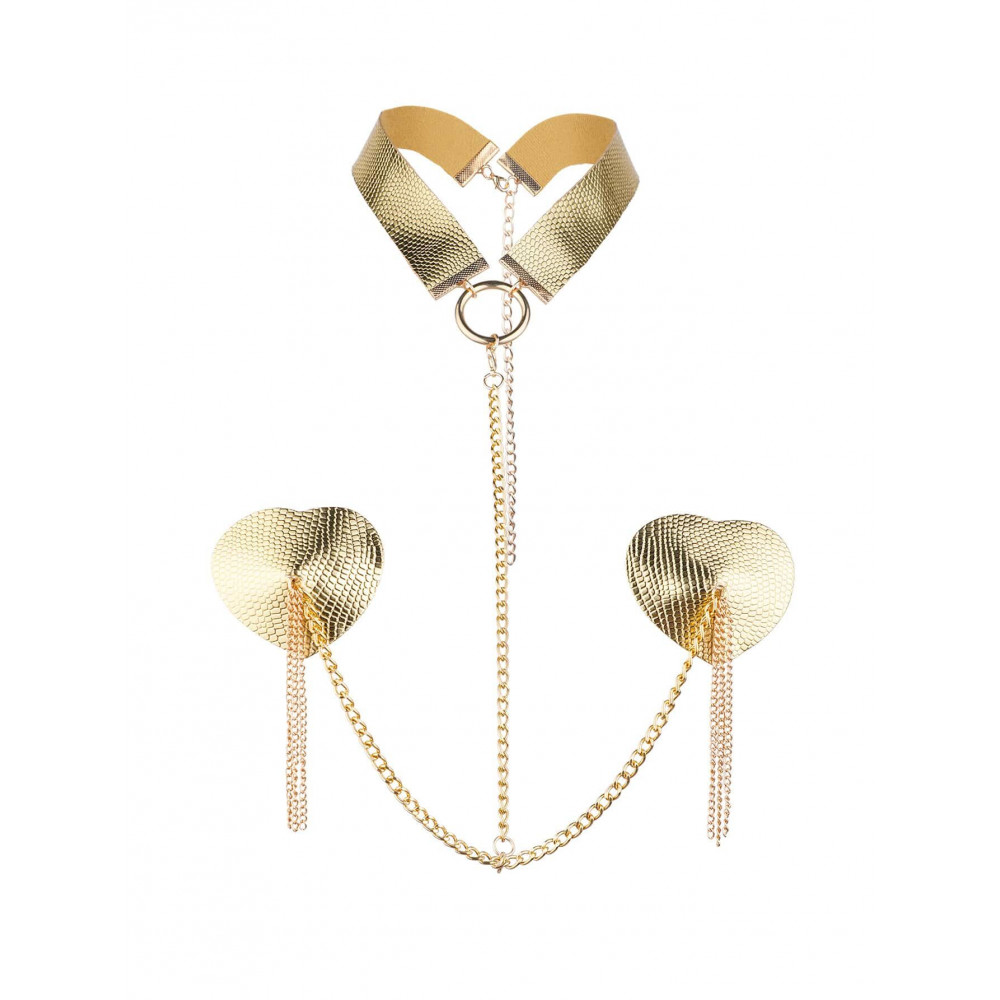  - Пестис-сердечка з пензликами та чокером JSY Nipple Sticker RT236114 Golden