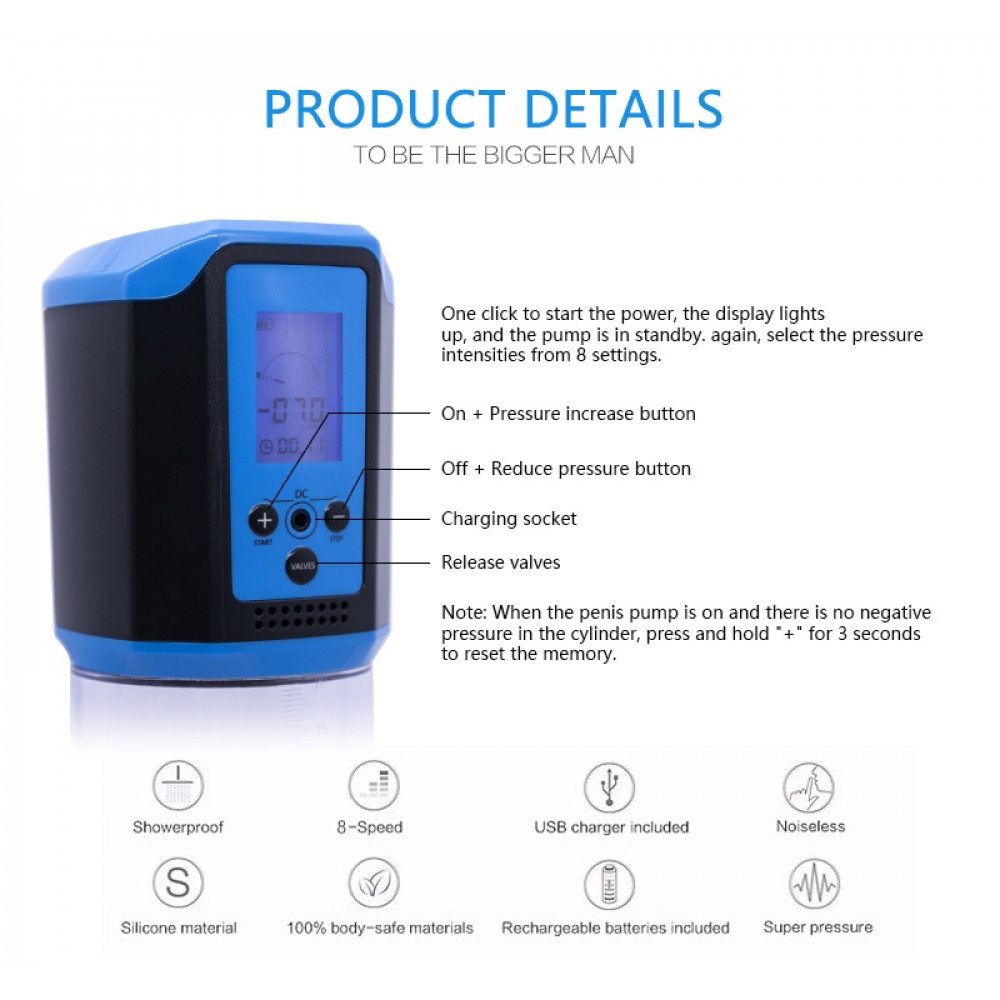 Помпи - Автоматична вакуумна помпа із зарядкою від USB та LCD дисплеєм CANWIN Passion Pump Men Blue - P648AU 6