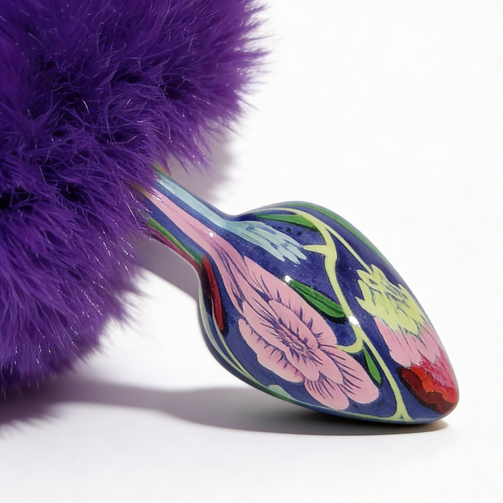 Анальні іграшки без вібрації - Анальна пробка з візерунком ALUME, S, металева синя з фіолетовим пушком, 7 х 2,8 см 6