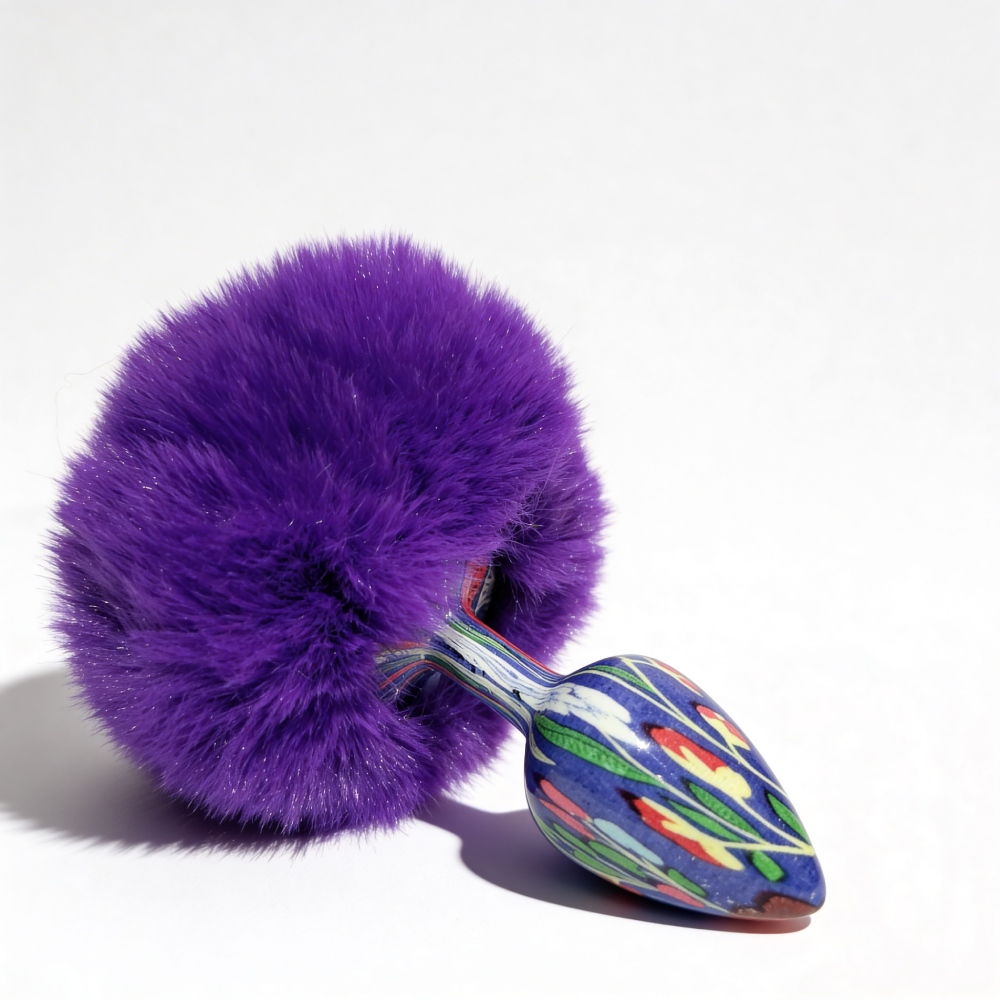 Анальні іграшки без вібрації - Анальна пробка з візерунком ALUME, S, металева синя з фіолетовим пушком, 7 х 2,8 см 4