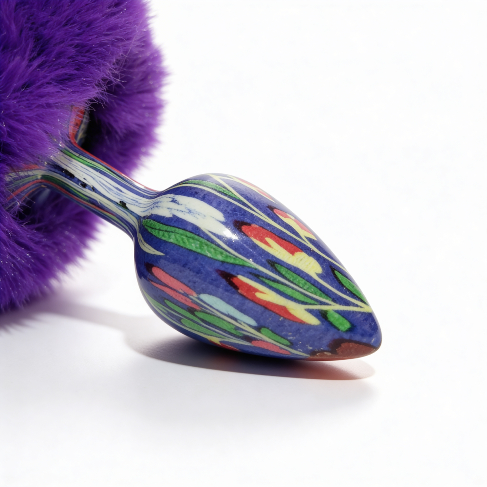 Анальні іграшки без вібрації - Анальна пробка з візерунком ALUME, S, металева синя з фіолетовим пушком, 7 х 2,8 см 7