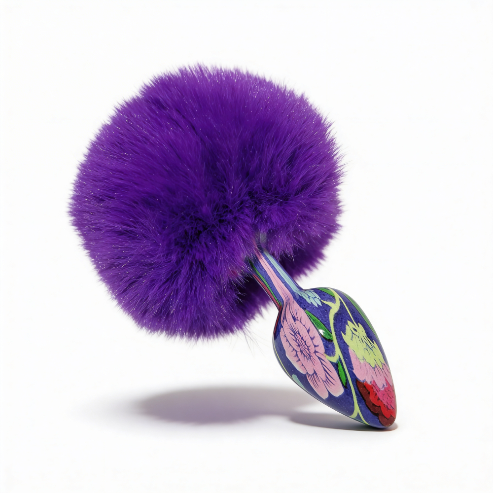 Анальні іграшки без вібрації - Анальна пробка з візерунком ALUME, S, металева синя з фіолетовим пушком, 7 х 2,8 см 3