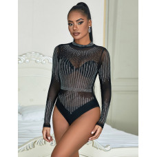 Чорний сітчастий боді з довгими рукавами Star Night та декоративними стразами, XL