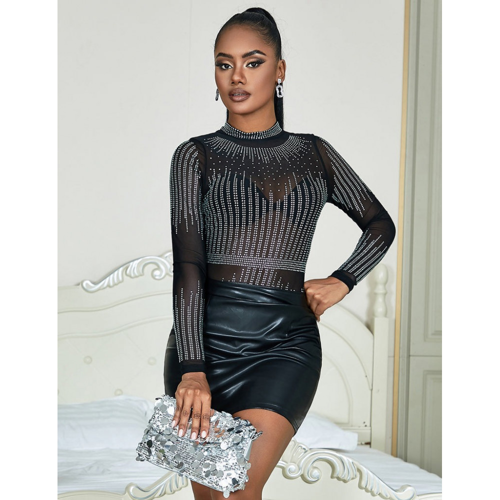 Різне - Чорний сітчастий боді з довгими рукавами Star Night та декоративними стразами, XL 3