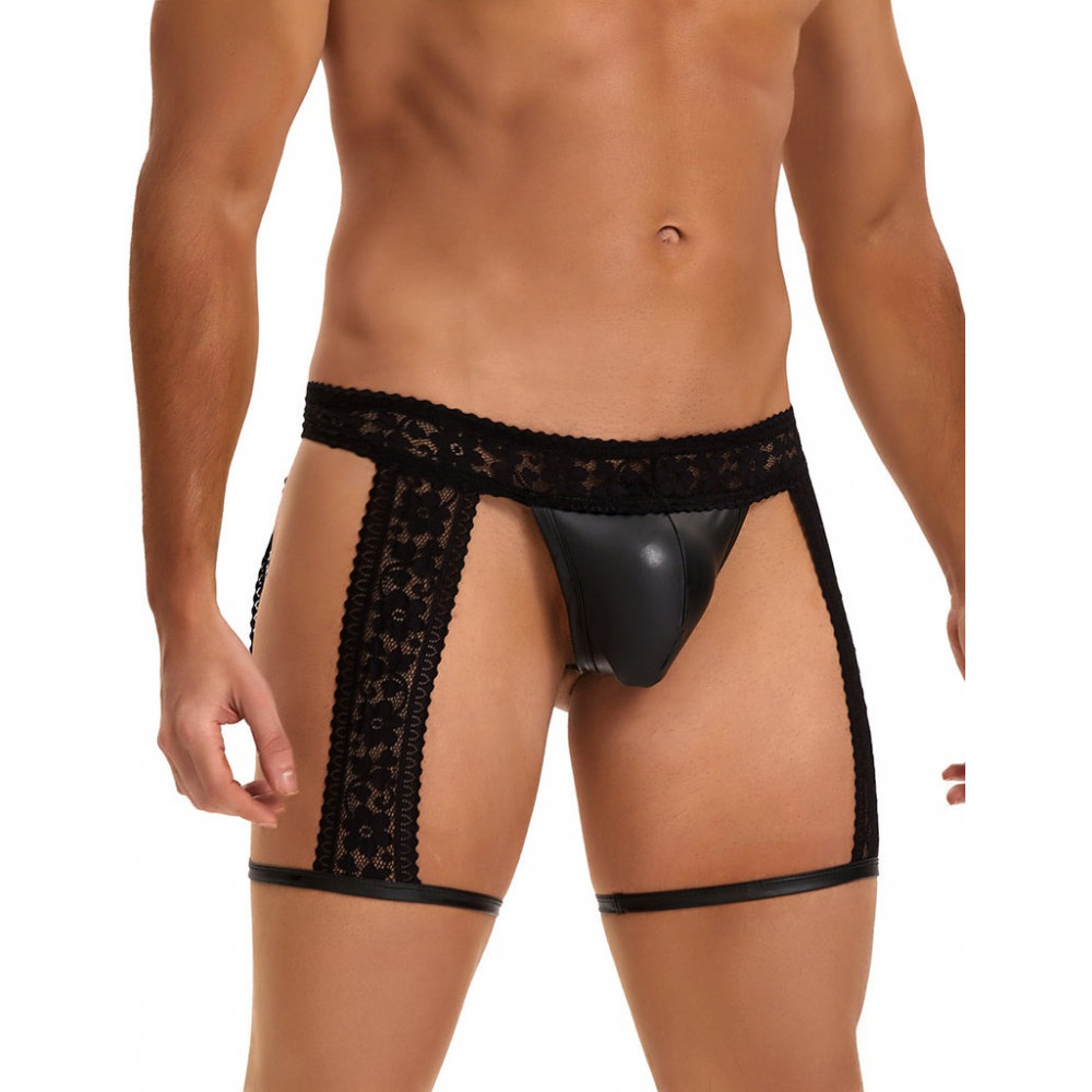 Різне - Чоловічі чорні стрінги Star Night з гартерами та мереживним поясом, S 2