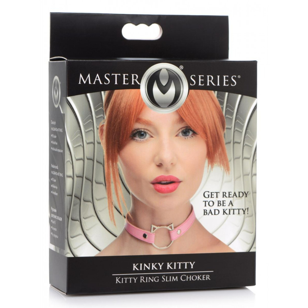 БДСМ игрушки - Ошейник-чокер с кольцом в виде котика Kinky Kitty Master Series, экокожа, розовый 1