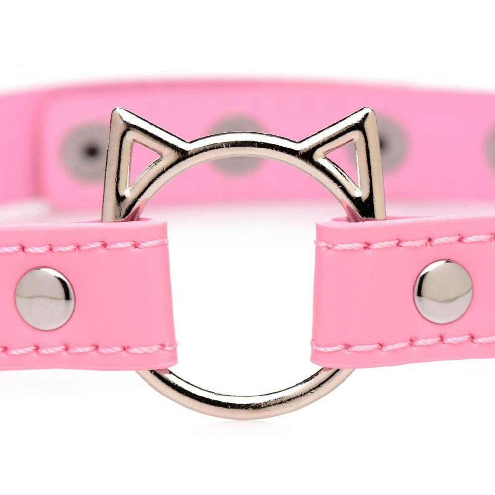 БДСМ игрушки - Ошейник-чокер с кольцом в виде котика Kinky Kitty Master Series, экокожа, розовый 2