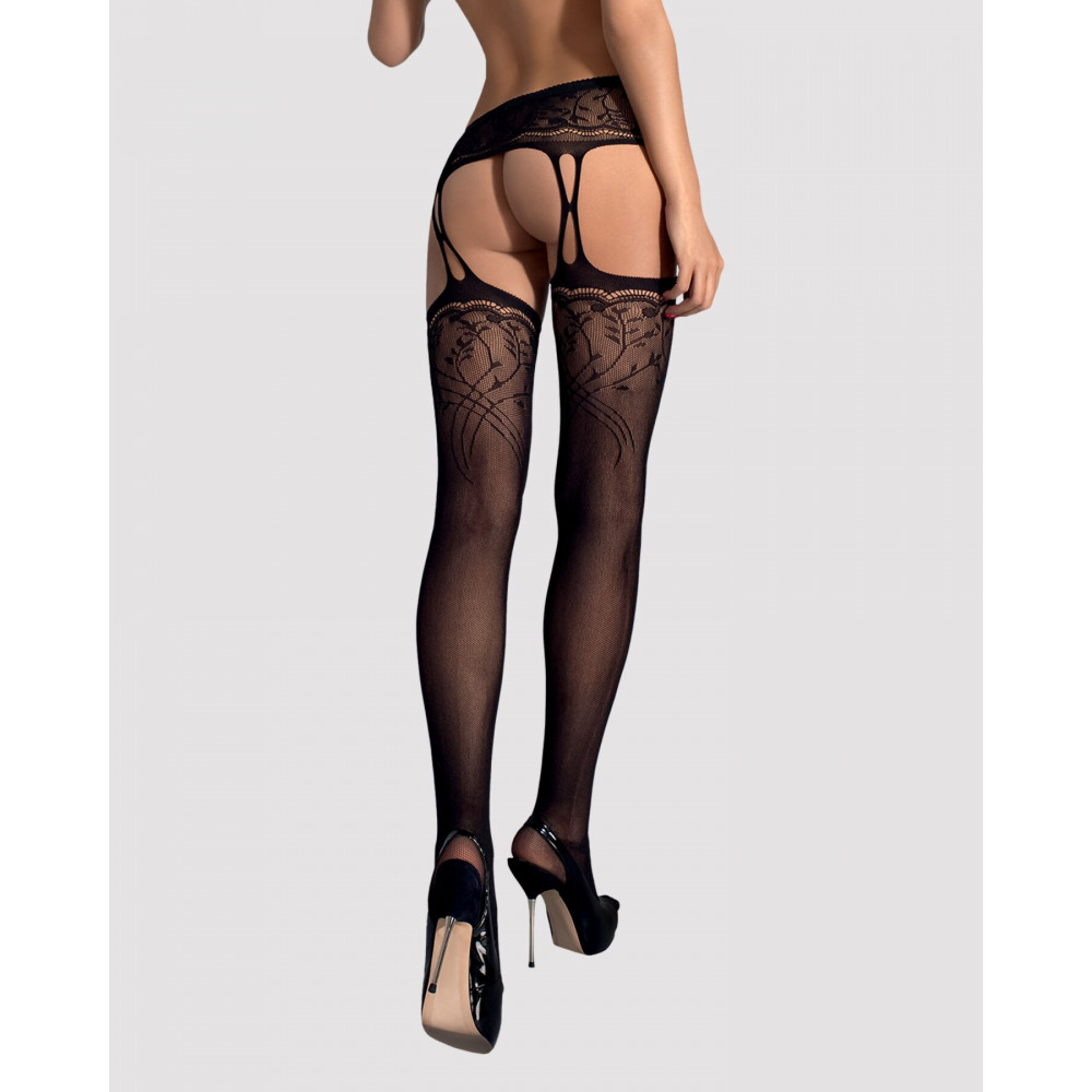 Чулки - Чулки-стокинги с растительным рисунком Obsessive Garter stockings S206 black S/M/L черные, имитация 5