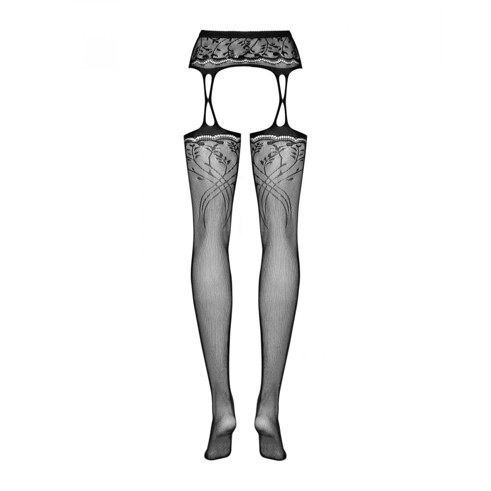 Чулки - Чулки-стокинги с растительным рисунком Obsessive Garter stockings S206 black S/M/L черные, имитация 1