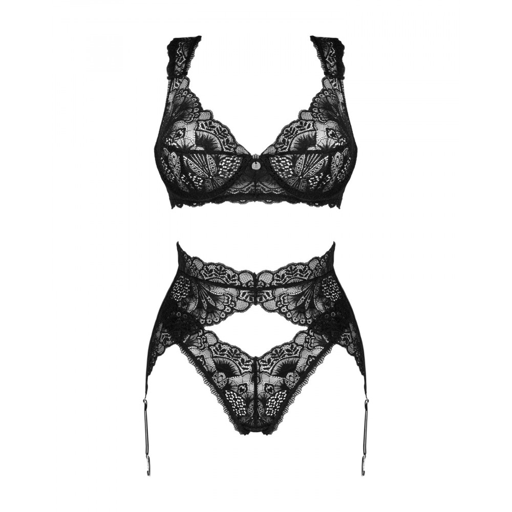 Эротические комплекты - Комплект белья Obsessive Donna Dream 3-pcs set M/L Black, бюстгальтер, стринги, пояс для чулок 5