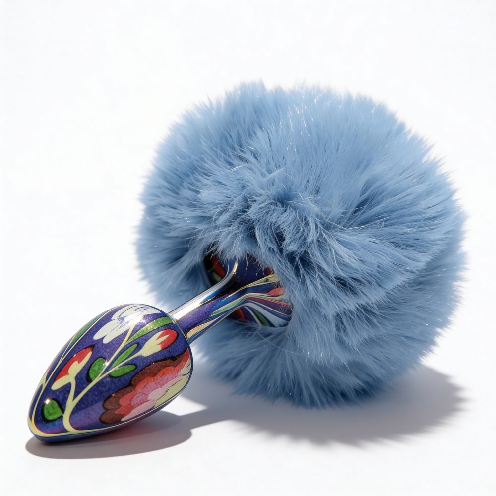 Анальні іграшки без вібрації - Анальна пробка з візерунком ALUME, S, металева синя з блакитним пушком, 7 х 2,8 см 2