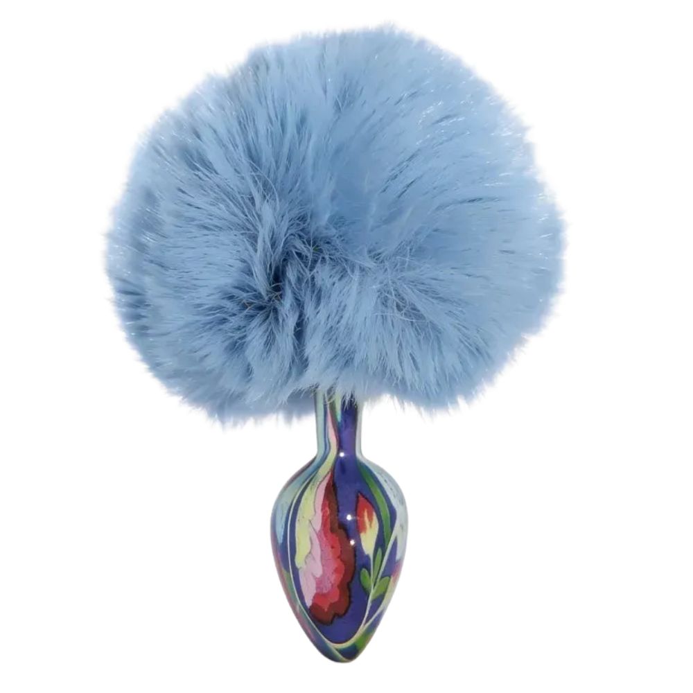 Анальні іграшки без вібрації - Анальна пробка з візерунком ALUME, S, металева синя з блакитним пушком, 7 х 2,8 см