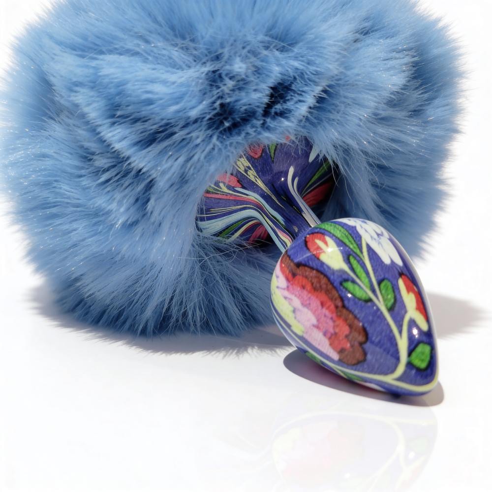 Анальні іграшки без вібрації - Анальна пробка з візерунком ALUME, S, металева синя з блакитним пушком, 7 х 2,8 см 6