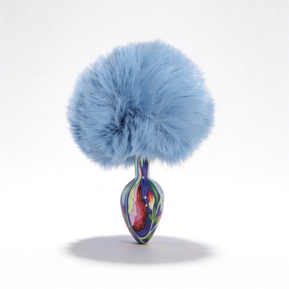 Анальні іграшки без вібрації - Анальна пробка з візерунком ALUME, S, металева синя з блакитним пушком, 7 х 2,8 см 3