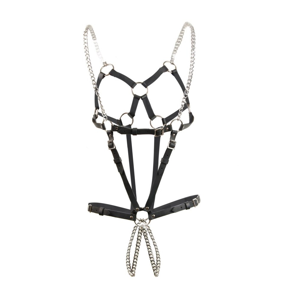 - Портупея-боді з ланцюжками One Size Band19, натуральна шкіра, чорна 5