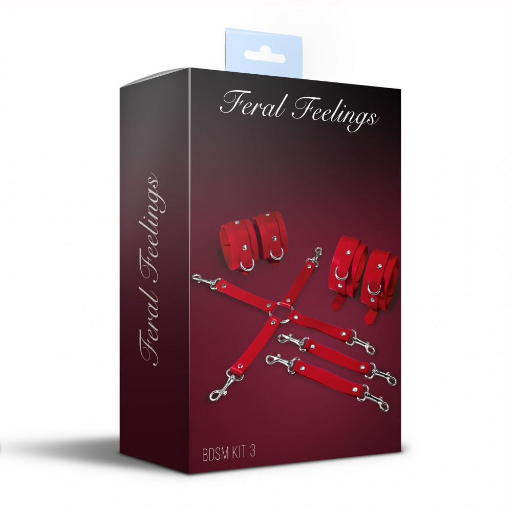 Наборы для БДСМ - Набор для БДСМ 3 в 1 Feral Feelings BDSM Kit 3 Red, red, наручники, поножи, крестовина 1