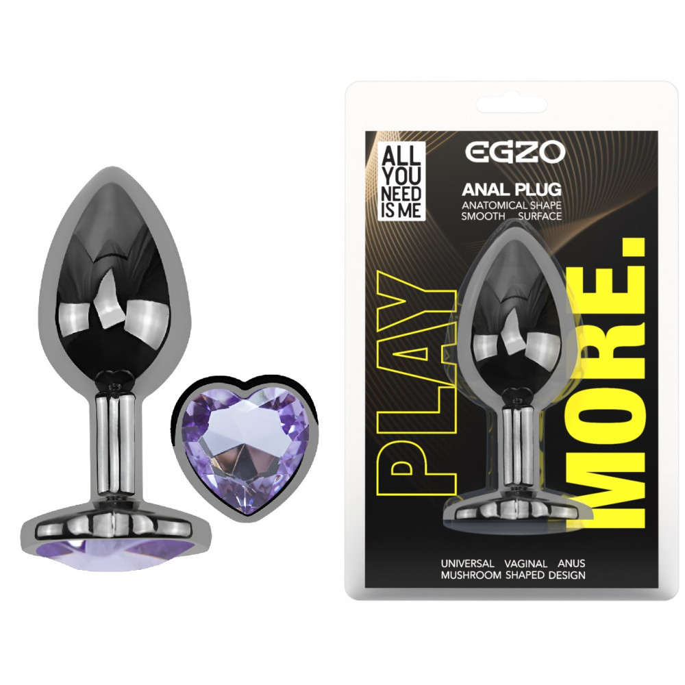  - Анальная пробка с кристаллом EGZO - Dark Silver Heart Plug Amethyst size M