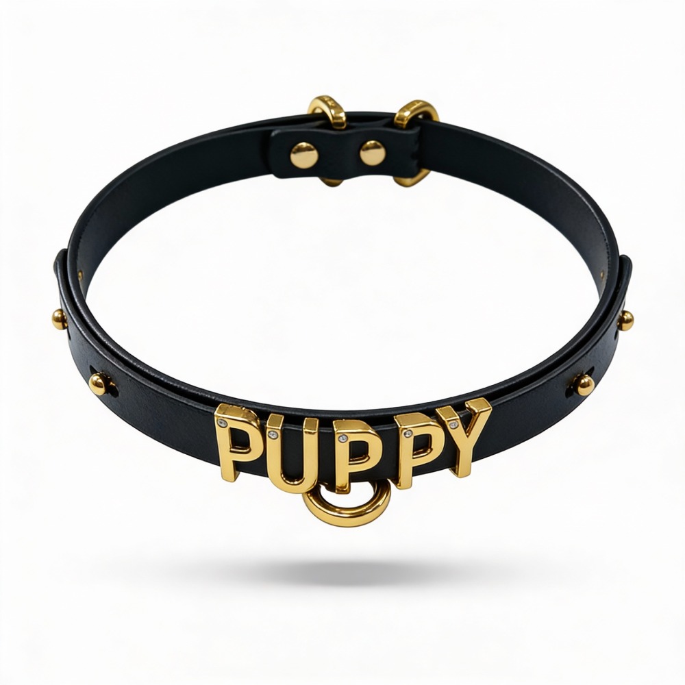 Різне - Чокер з написом PUPPY від UPKO з італійської шкіри, чорний із золотою фурнітурою 2