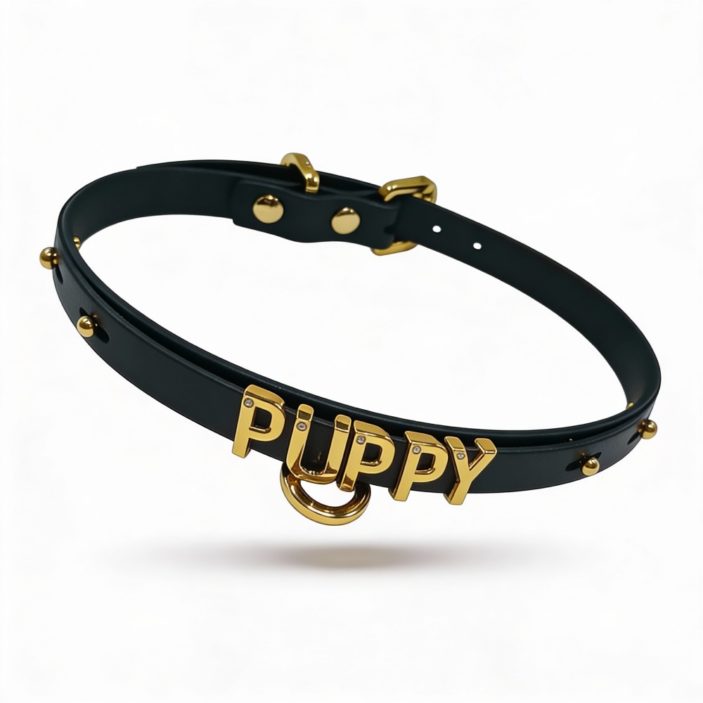 Різне - Чокер з написом PUPPY від UPKO з італійської шкіри, чорний із золотою фурнітурою 3