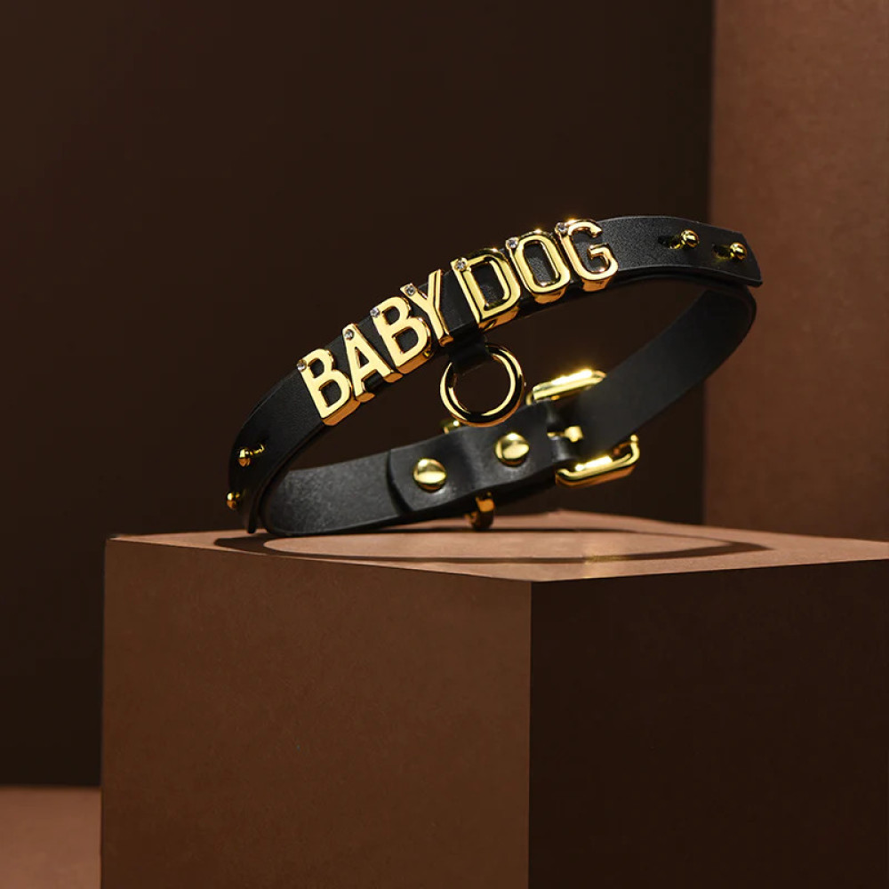 Різне - Чокер з написом PUPPY від UPKO з італійської шкіри, чорний із золотою фурнітурою 8