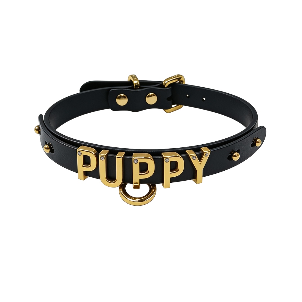 Різне - Чокер з написом PUPPY від UPKO з італійської шкіри, чорний із золотою фурнітурою
