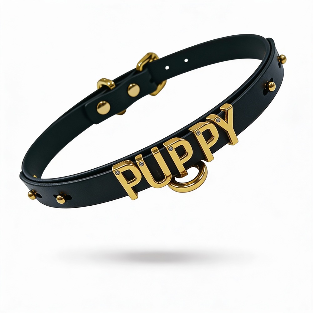 Різне - Чокер з написом PUPPY від UPKO з італійської шкіри, чорний із золотою фурнітурою 4