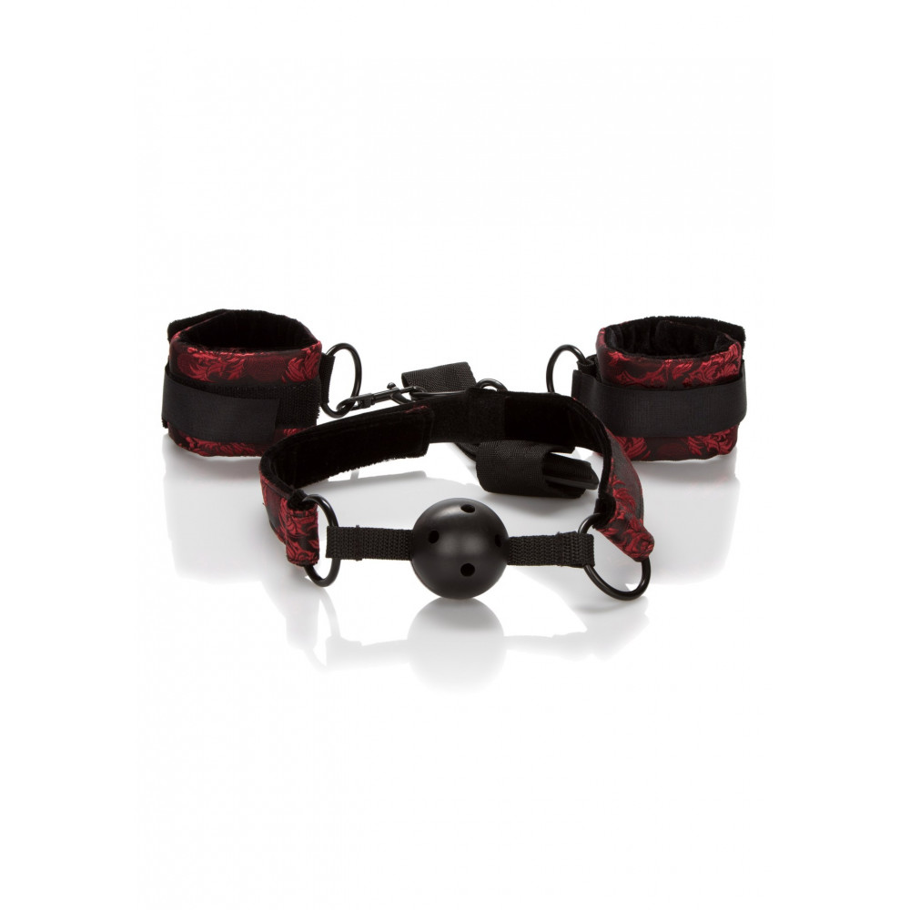 БДСМ игрушки - Кляп-шарик с наручниками California Exotic красно-черный