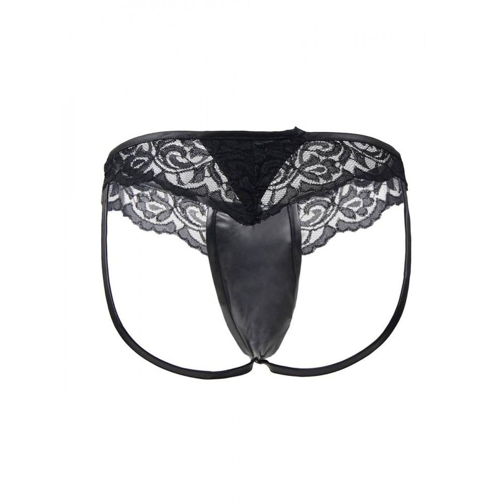Разное - Мужские стринги Star Night с имитацией кожи и кружевом, чёрные, L 5