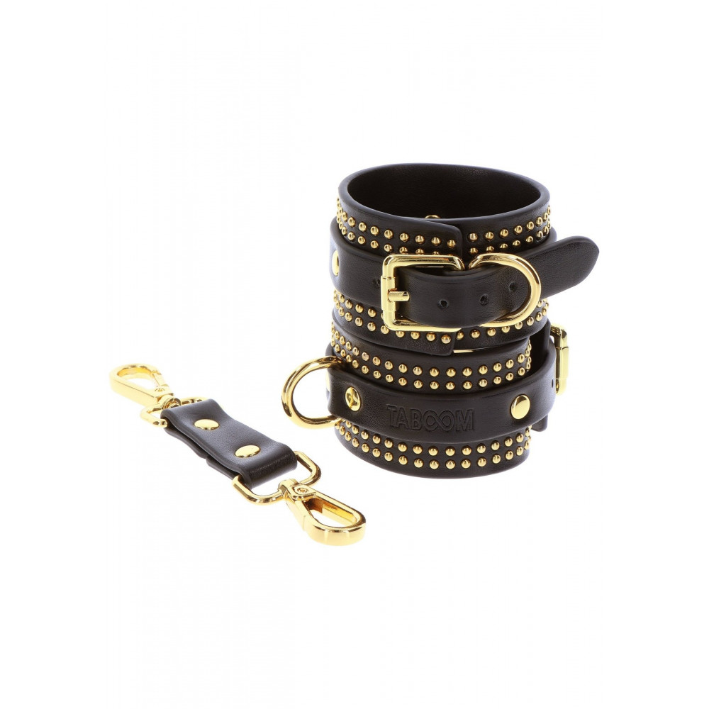 БДСМ игрушки - Поножи Taboom Vogue Studded Ankle Cuffs Set из веганской кожи, черные с золотистой фурнитурой 3