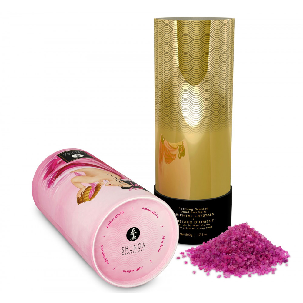 Романтическая атмосфера - Пенящаяся соль для ванны Shunga Dead Sea salt Oriental Crystals — Rose Petal (500 г), соль Мертвого 4