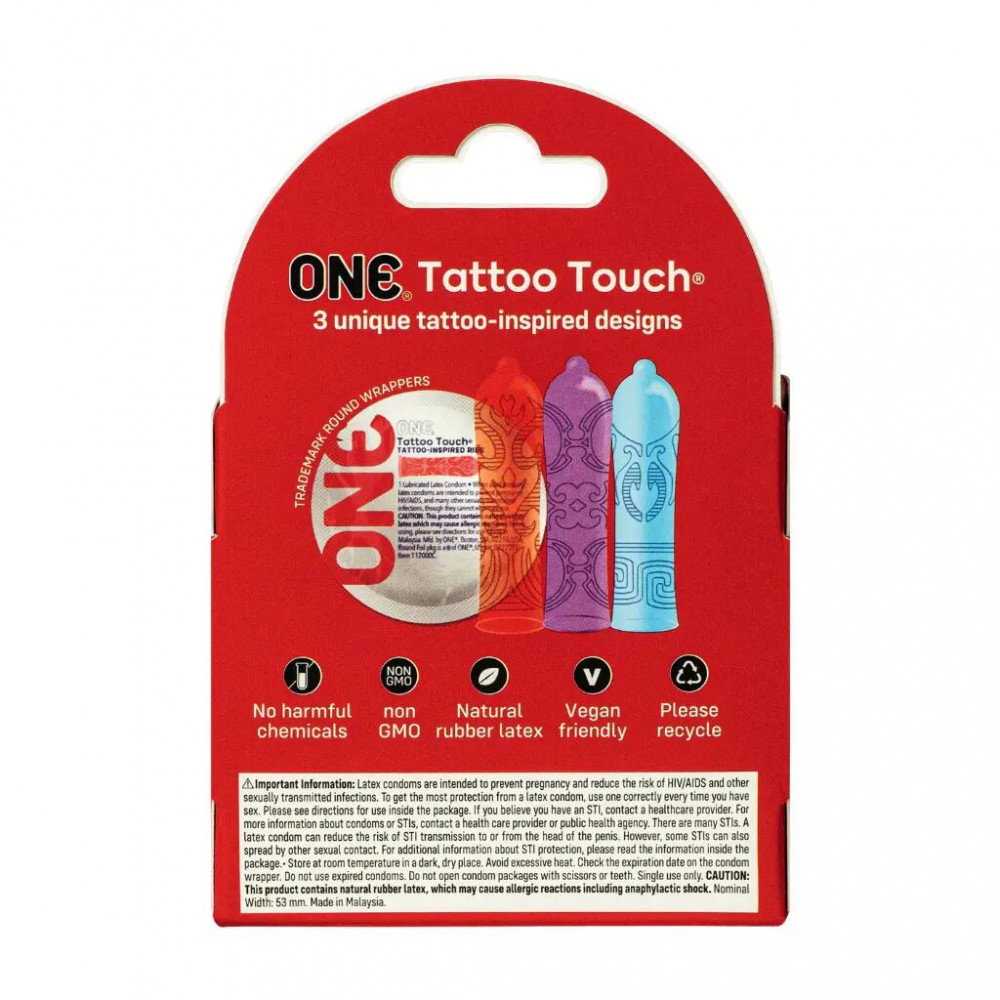 Презервативы - Презервативы ONE Tattoo Touch 3 шт, картонная коробка 1