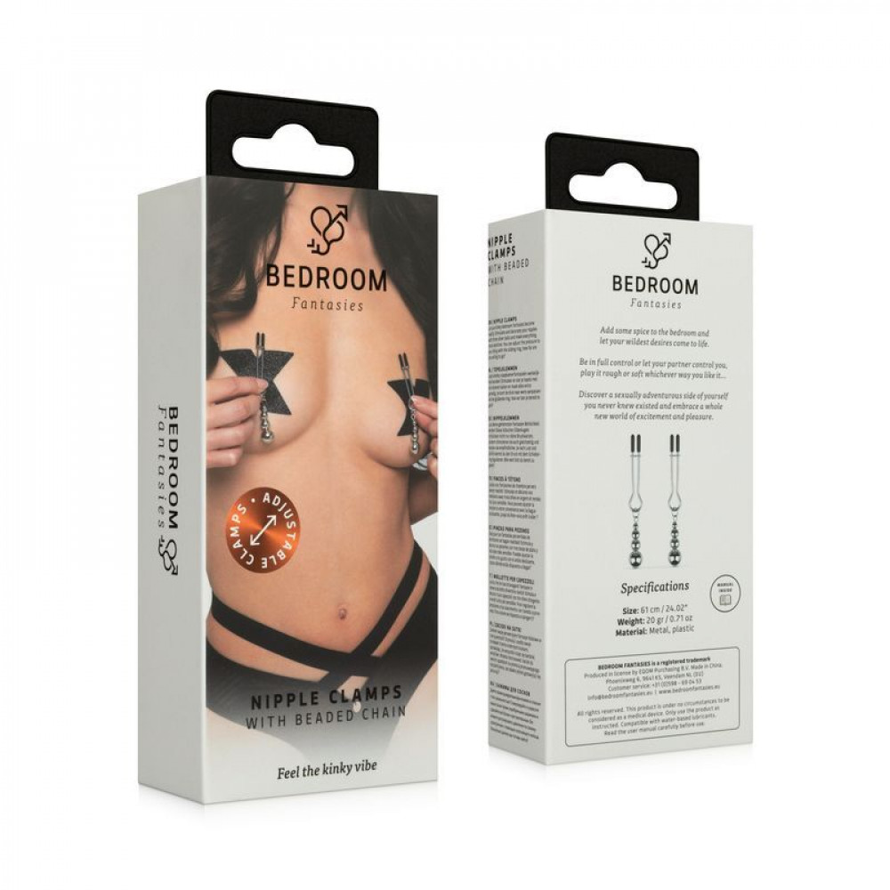 Різне - Затискачі для сосків Bedroom Fantasies: Nipple Clamps with Beaded Chain - Silver 6