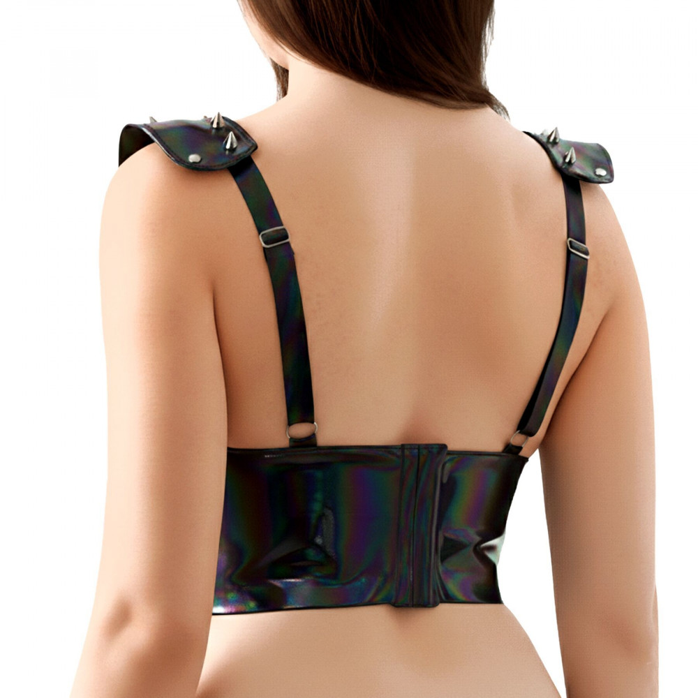  - Лакований вініловий ліф з шипами Art of Sex - Mistress, чорний з ефектом голограми, розмір S 1