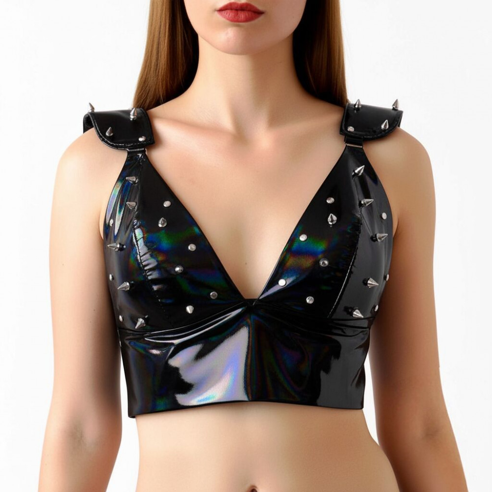  - Лакований вініловий ліф з шипами Art of Sex - Mistress, чорний з ефектом голограми, розмір S
