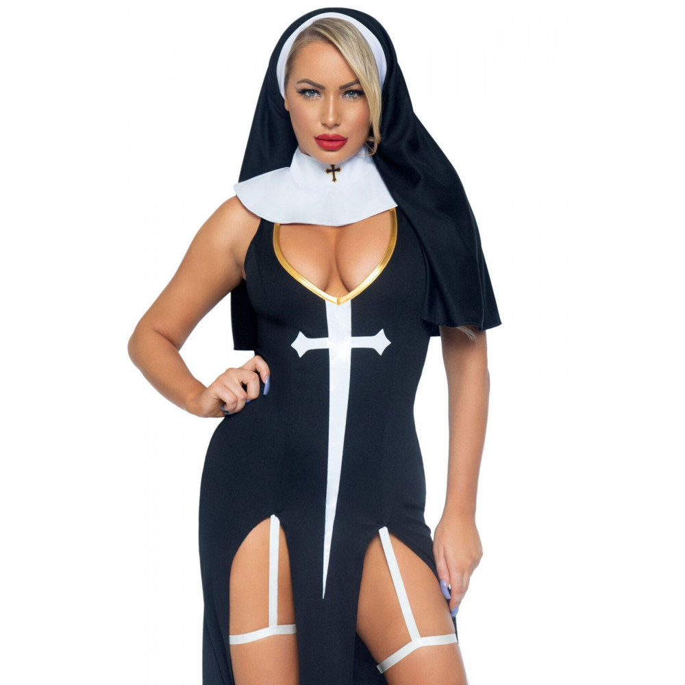 Эротические костюмы - Костюм монашки-грешницы Leg Avenue Sultry Sinner M, платье, головной убор, воротник