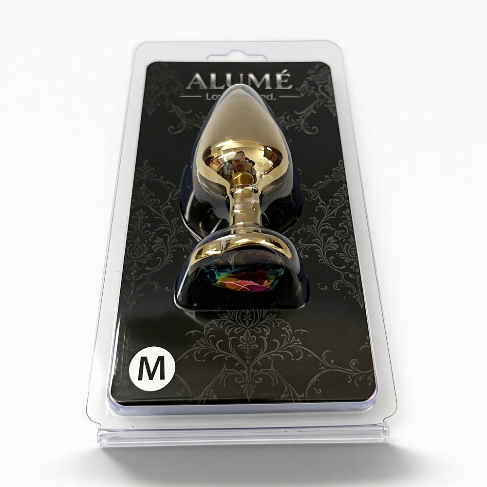 Анальные игрушки без вибрации - Анальная пробка ALUME, M, металлическая золотистая с разноцветным камнем в форме сердца, 8,5х3,3 см 5