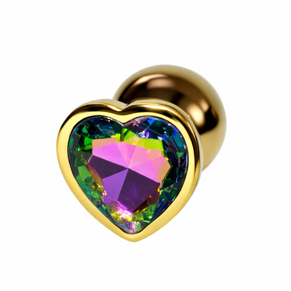 Анальные игрушки без вибрации - Анальная пробка ALUME, M, металлическая золотистая с разноцветным камнем в форме сердца, 8,5х3,3 см 2