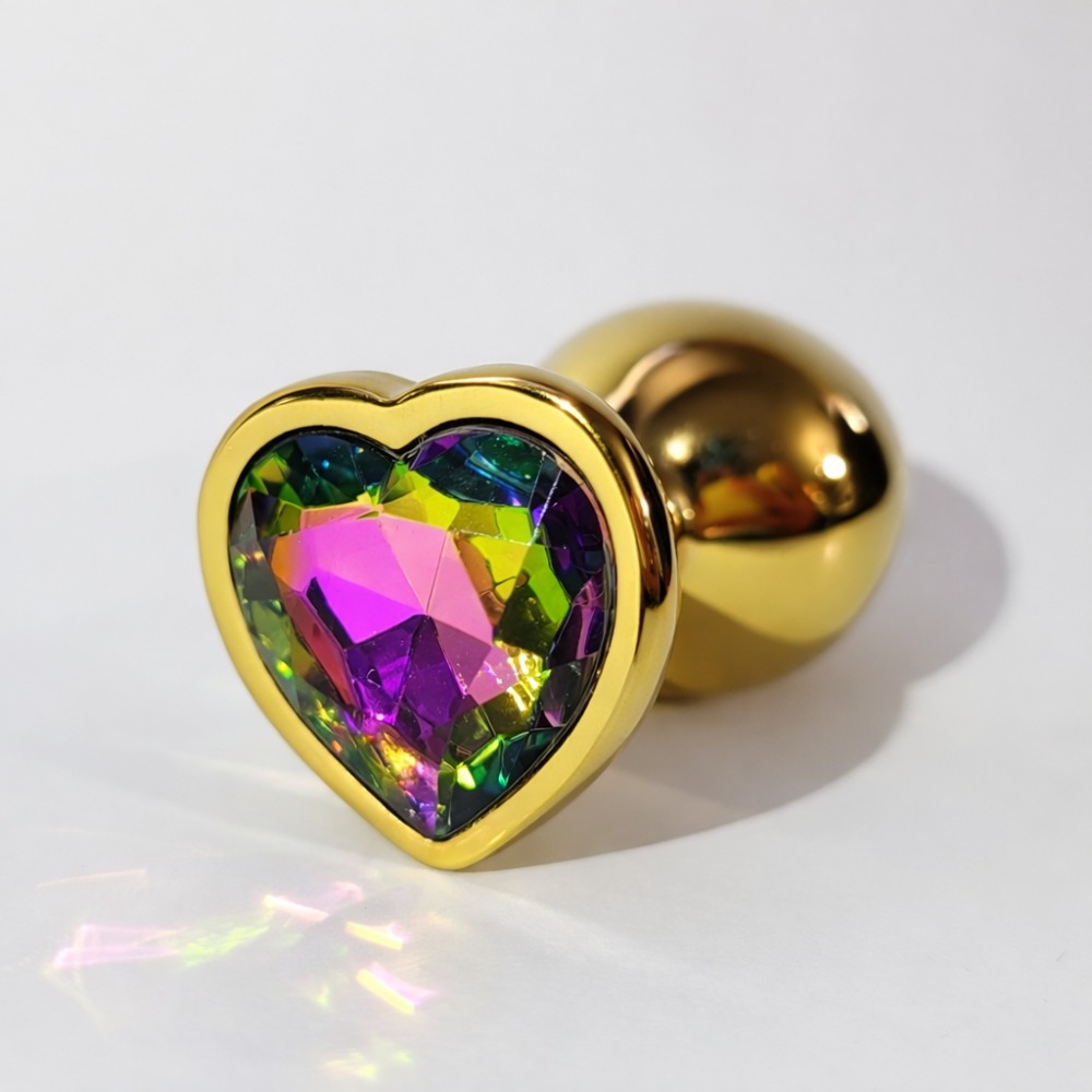 Анальные игрушки без вибрации - Анальная пробка ALUME, M, металлическая золотистая с разноцветным камнем в форме сердца, 8,5х3,3 см 4