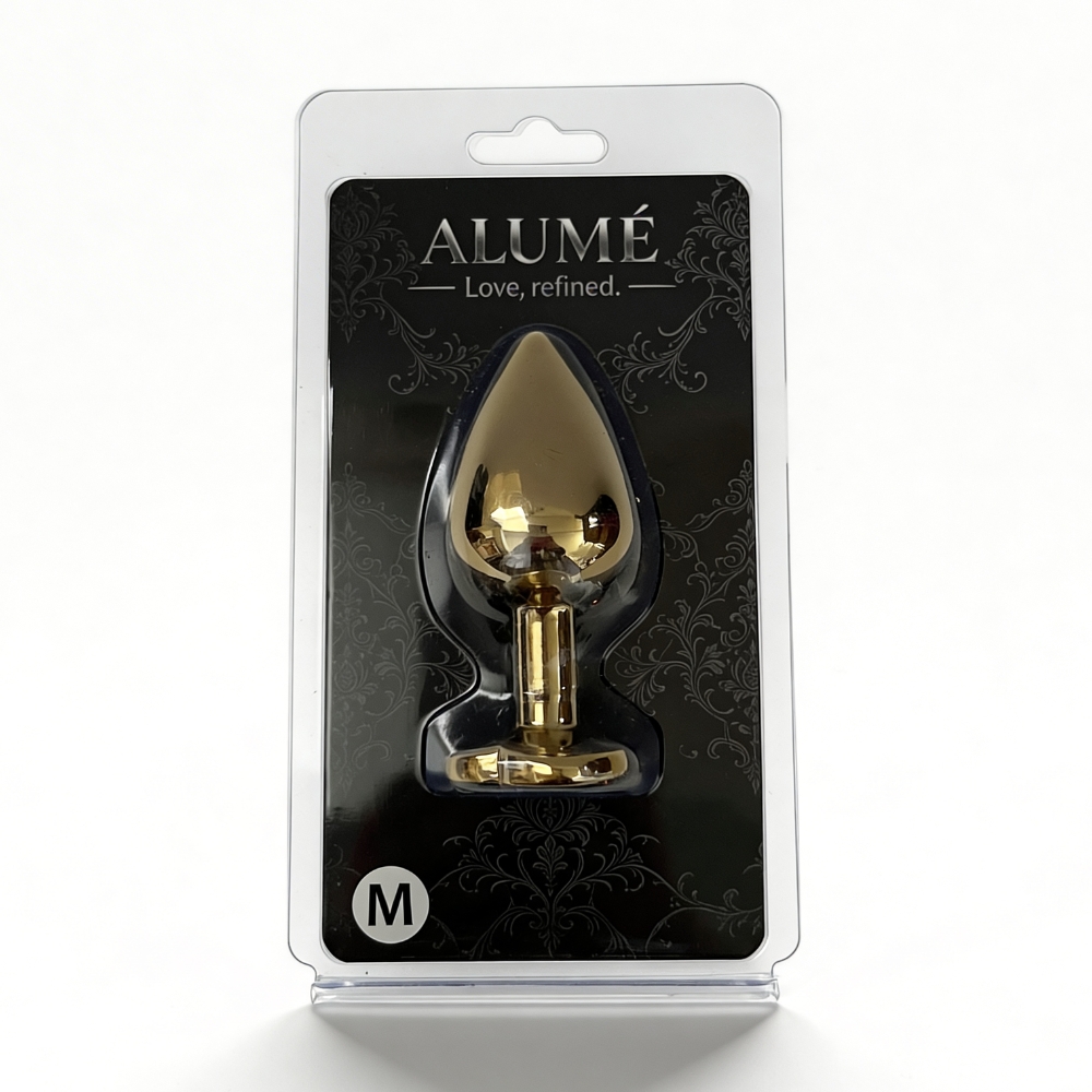 Анальные игрушки без вибрации - Анальная пробка ALUME, M, металлическая золотистая с разноцветным камнем в форме сердца, 8,5х3,3 см 1