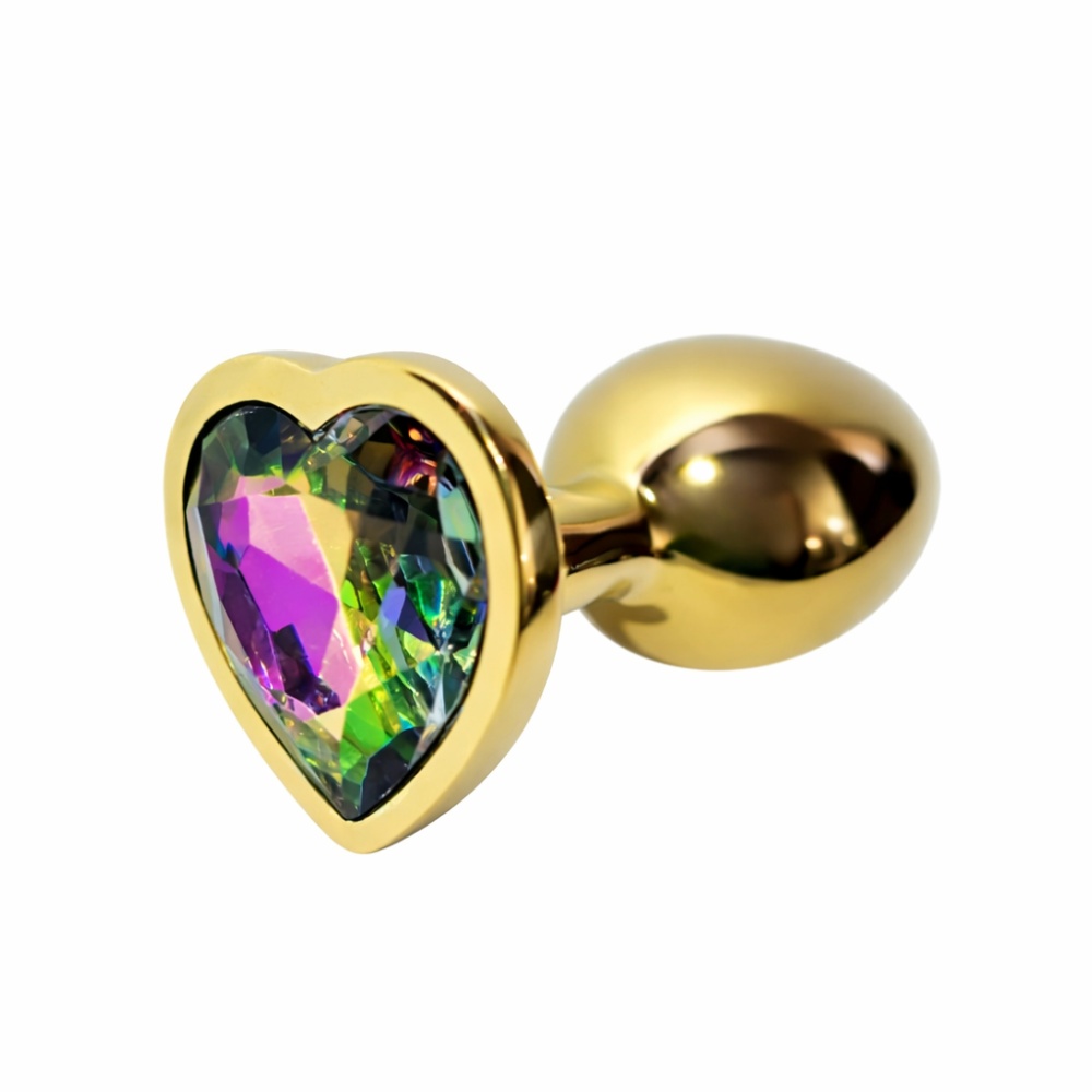 Анальные игрушки без вибрации - Анальная пробка ALUME, M, металлическая золотистая с разноцветным камнем в форме сердца, 8,5х3,3 см 3