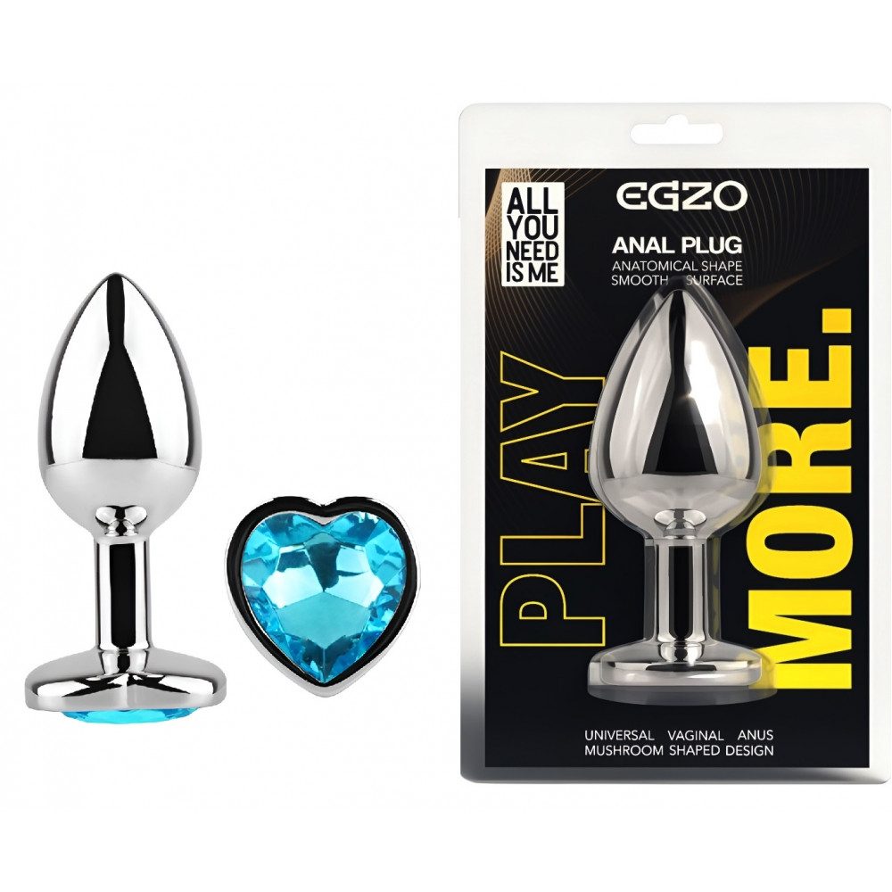 Анальные игрушки без вибрации - Анальная пробка с кристаллом EGZO - Silver Heart Plug Aqua size S