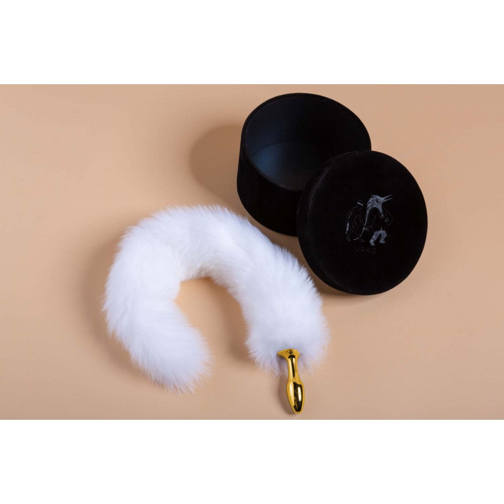 Анальные игрушки без вибрации - Анальная пробка UPKO с длинным белым хвостом из лисьего меха 8